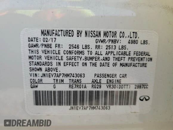 2017 Infiniti Q50 Sport with VIN JN1EV7AP7HM743063, listed as a Copart auction lot 61135995 with 47,149 mi miles and Salvage title. Bid and sale history available at DreamBid. Image 12.
