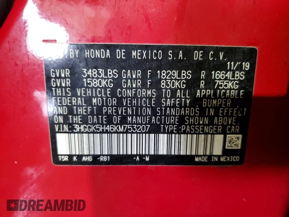 2019 Honda Fit LX with VIN 3HGGK5H46KM753207, listed as a Copart auction lot 61020305 with 25,283 mi miles and Salvage title. Bid and sale history available at DreamBid. Image 12.