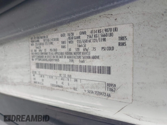 2020 Ford Transit Cargo with VIN 1FTBR3X85LKB51985, listed as a IAAI auction lot 41327206 with 206,896 mi miles and . Bid and sale history available at carsss.com. Image 9.