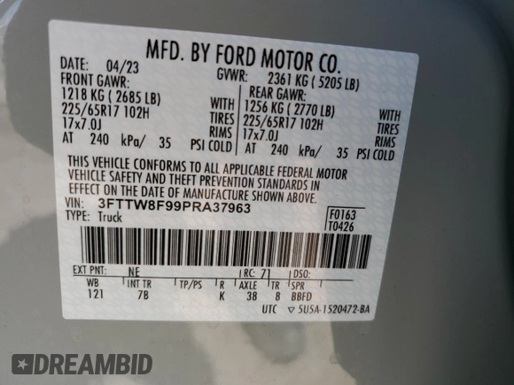 2023 Ford Maverick XL с VIN 3FTTW8F99PRA37963, выставлен на аукционе Copart как лот 53978275 с пробегом 40 957 миль миль и Списание • Salvage title. История ставок и продаж доступна на DreamBid. Изображение 13.