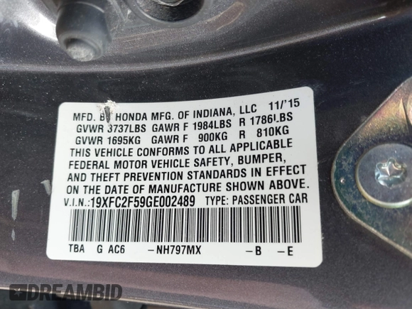 2016 Honda Civic Sedan LX with VIN 19XFC2F59GE002489, listed as a IAAI auction lot 41797162 with 34,284 mi miles. Bid and sale history available at carsss.com. Image 9.
