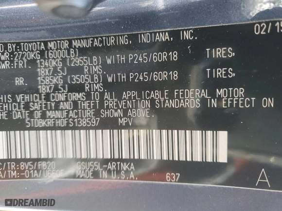 2015 Toyota Highlander LE with VIN 5TDBKRFH0FS138597, listed as a Copart auction lot 46336375 with 133,869 mi miles and Salvage Title. Bid and sale history available at carsss.com. Image 14.