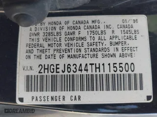 1996 Honda Civic DX with VIN 2HGEJ6344TH115500, listed as a IAAI auction lot 41783022 with 148,439 mi miles. Bid and sale history available at carsss.com. Image 9.