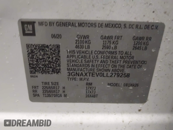 2020 Chevrolet Equinox LT with VIN 3GNAXTEV0LL279258, listed as a IAAI auction lot 41554505 with 39,901 mi miles. Bid and sale history available at carsss.com. Image 9.