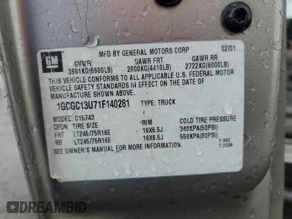 2001 Chevrolet Silverado 1500HD LS z VIN 1GCGC13U71F140281, wystawiony jako Copart lot #49076215 z przebiegiem 277 458 mil mil oraz Szkoda całkowita • Salvage title. Historia ofert i sprzedaży dostępna na DreamBid. Obrazek 12.