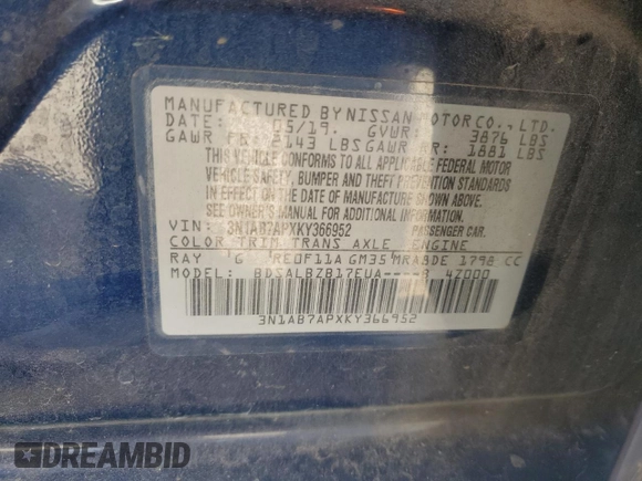 2019 Nissan Sentra SR with VIN 3N1AB7APXKY366952, listed as a Copart auction lot 50565665 with 101,804 mi miles and Salvage Title. Bid and sale history available at carsss.com. Image 12.
