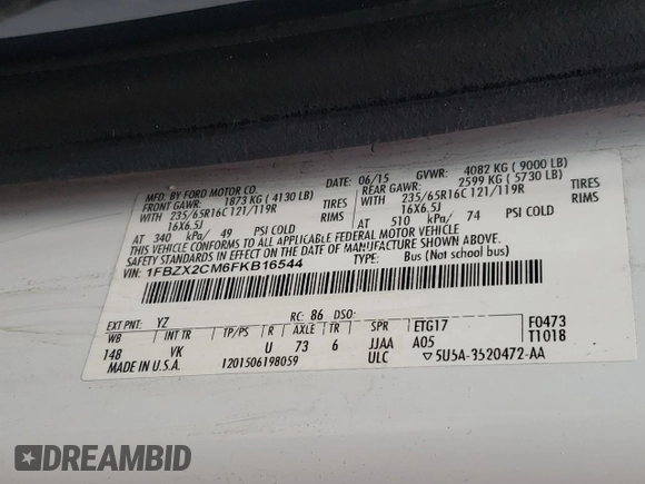 2015 Ford Transit XL с VIN 1FBZX2CM6FKB16544, выставлен на аукционе Copart как лот 78435694 с пробегом 187 192 миль миль и Чистый • Clean title. История ставок и продаж доступна на DreamBid. Изображение 13.
