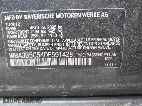 2013 BMW 3 Series 328i xDrive with VIN WBA3B5C54DF591428, listed as a IAAI auction lot 41977206 with 143,473 mi miles. Bid and sale history available at carsss.com. Image 9.
