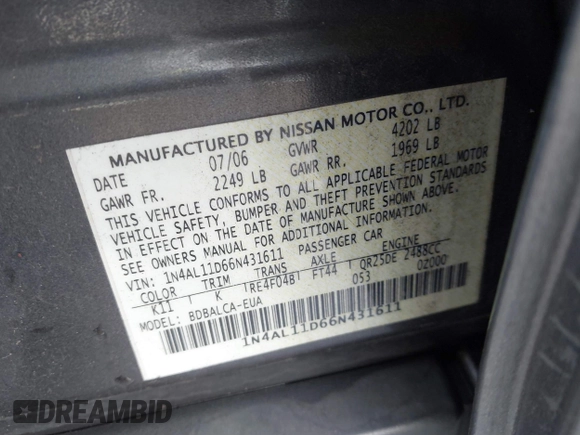 2006 Nissan Altima 2.5 with VIN 1N4AL11D66N431611, listed as a IAAI auction lot 41805350 with 252,266 mi miles. Bid and sale history available at carsss.com. Image 9.