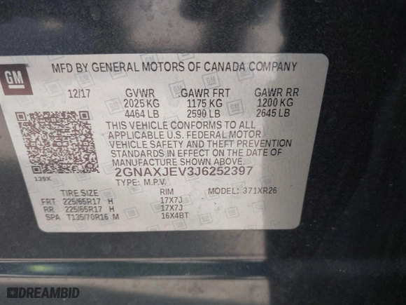 2018 Chevrolet Equinox LT with VIN 2GNAXJEV3J6252397, listed as a IAAI auction lot 41761447 with 99,220 mi miles. Bid and sale history available at carsss.com. Image 9.