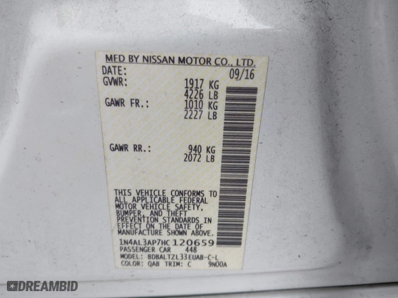 2017 Nissan Altima 2.5 SR with VIN 1N4AL3AP7HC120659, listed as a IAAI auction lot 40816224 with 131,721 mi miles. Bid and sale history available at carsss.com. Image 9.