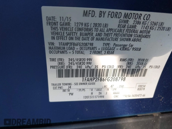 2015 Ford Taurus Limited with VIN 1FAHP2F86FG208798, listed as a IAAI auction lot 42679932 with 104,300 mi miles and . Bid and sale history available at DreamBid. Image 9.