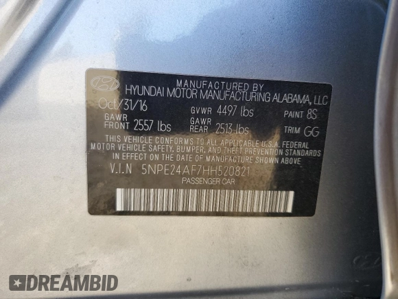 2017 Hyundai Sonata 2.4L with VIN 5NPE24AF7HH520821, listed as a Copart auction lot 43833435 with 107,450 mi miles and Salvage Title. Bid and sale history available at carsss.com. Image 14.
