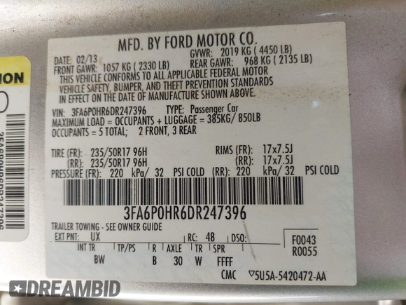 2013 Ford Fusion SE with VIN 3FA6P0HR6DR247396, listed as a IAAI auction lot 41925395 with 111,230 mi miles. Bid and sale history available at carsss.com. Image 9.