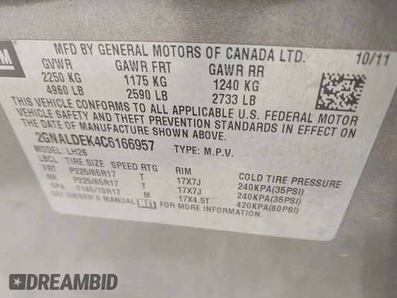 2012 Chevrolet Equinox LT w/1LT with VIN 2GNALDEK4C6166957, listed as a IAAI auction lot 41816469 with 166,232 mi miles. Bid and sale history available at carsss.com. Image 9.