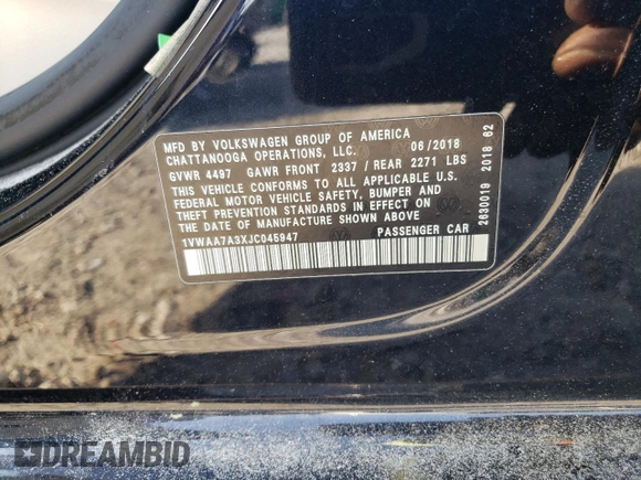 2018 Volkswagen Passat S z VIN 1VWAA7A3XJC045947, wystawiony jako Copart lot #51825425 z przebiegiem 74 687 mil mil oraz Szkoda całkowita • Salvage title. Historia ofert i sprzedaży dostępna na DreamBid. Obrazek 12.