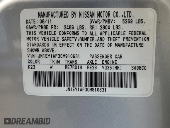 2012 Infiniti M Hybrid with VIN JN1EY1AP3CM910631, listed as a Copart auction lot 49162705 with 128,771 mi miles and Salvage title. Bid and sale history available at DreamBid. Image 12.