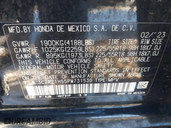 2023 Honda HR-V Sport with VIN 3CZRZ1H55PM731530, listed as a IAAI auction lot 41334716 with 17,793 mi miles. Bid and sale history available at carsss.com. Image 9.