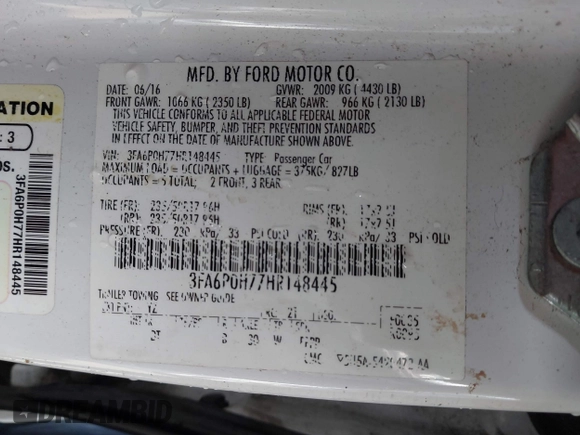 2017 Ford Fusion SE with VIN 3FA6P0H77HR148445, listed as a IAAI auction lot 41845087 with 186,384 mi miles. Bid and sale history available at carsss.com. Image 9.