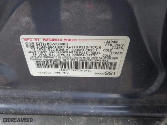 2007 Mitsubishi Outlander ES with VIN JA4MS31X37Z012460, listed as a IAAI auction lot 41369777 with 174,722 mi miles. Bid and sale history available at carsss.com. Image 9.
