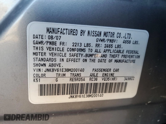 2008 Infiniti G35 Journey with VIN JNKBV61E38M200140, listed as a Copart auction lot 88951485 with 136,917 mi miles and Salvage title. Bid and sale history available at DreamBid. Image 13.