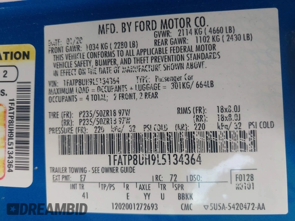 2020 Ford Mustang EcoBoost with VIN 1FATP8UH9L5134364, listed as a IAAI auction lot 41948736 with 104,298 mi miles. Bid and sale history available at carsss.com. Image 9.