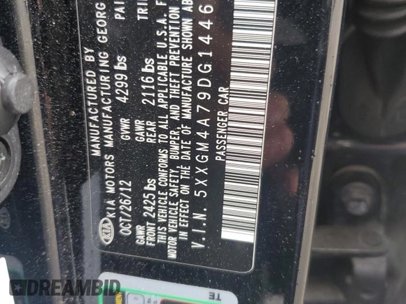 2013 Kia Optima LX z VIN 5XXGM4A79DG144608, wystawiony jako Copart lot #57461585 z przebiegiem 120 677 mil mil oraz Szkoda całkowita • Salvage title. Historia ofert i sprzedaży dostępna na DreamBid. Obrazek 12.
