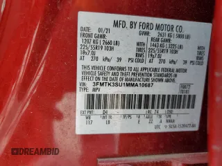 2021 Ford Mustang Mach-E Premium с VIN 3FMTK3SU1MMA10687, выставлен на аукционе Copart как лот 56431015 с пробегом Не указан миль и Списание • Salvage title. История ставок и продаж доступна на DreamBid. Изображение 13.