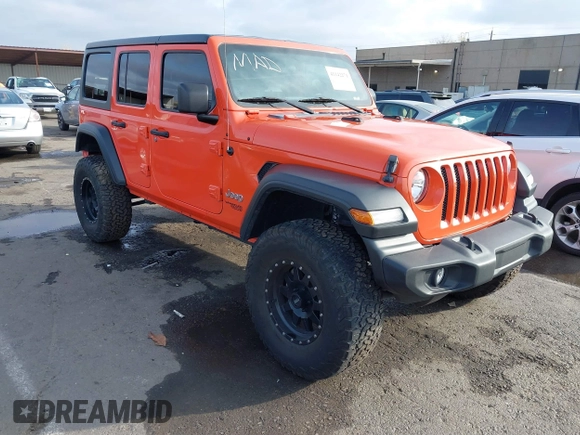 2019 Jeep Wrangler Unlimited Sport S with VIN 1C4HJXDG7KW568441, listed as a IAAI auction lot 41142271 with 73,698 mi miles and . Bid and sale history available at DreamBid. Image 1.
