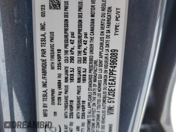 2023 Tesla Model 3 with VIN 5YJ3E1EA7PF496089, listed as a Copart auction lot 87101254 with 42,830 mi miles and Salvage Title. Bid and sale history available at DreamBid. Image 13.
