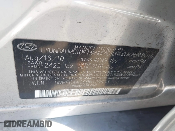 2011 Hyundai Sonata Limited with VIN 5NPEC4AC6BH129993, listed as a IAAI auction lot 42131711 with 155,711 mi miles and . Bid and sale history available at DreamBid. Image 9.