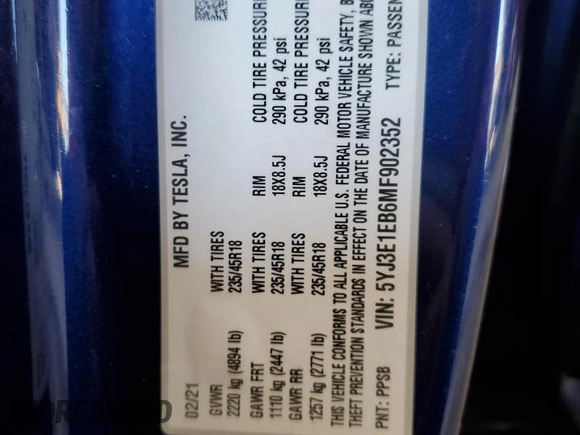 2021 Tesla Model 3 Long Range with VIN 5YJ3E1EB6MF902352, listed as a Copart auction lot 52257095 with 41,213 mi miles and Salvage Title. Bid and sale history available at DreamBid. Image 14.