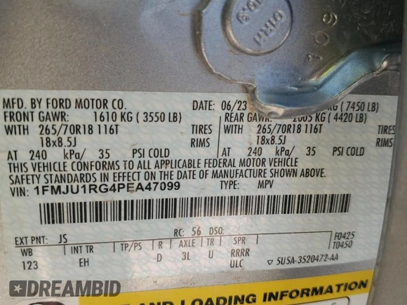 2023 Ford Expedition Timberline with VIN 1FMJU1RG4PEA47099, listed as a Copart auction lot 67472774 with 23,140 mi miles and Salvage title. Bid and sale history available at DreamBid. Image 14.