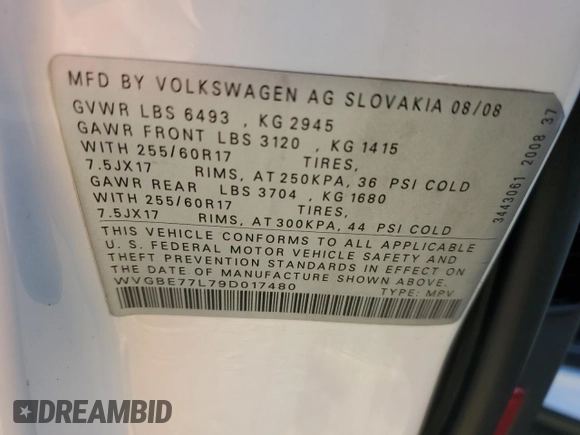2009 Volkswagen Touareg VR6 z VIN WVGBE77L79D017480, wystawiony jako Copart lot #89344415 z przebiegiem 54 232 mil mil oraz Szkoda całkowita • Salvage title. Historia ofert i sprzedaży dostępna na DreamBid. Obrazek 12.