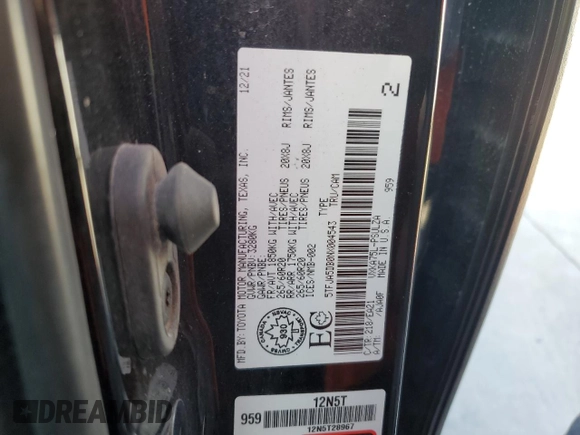 2022 Toyota Tundra Limited z VIN 5TFJA5DB0NX004543, wystawiony jako Copart lot #79259444 z przebiegiem 20 955 mil mil oraz Szkoda całkowita • Salvage title. Historia ofert i sprzedaży dostępna na DreamBid. Obrazek 13.