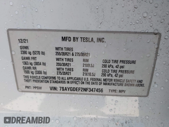 2022 Tesla Model Y Performance z VIN 7SAYGDEF2NF347456, wystawiony jako IAAI lot #42177725 z przebiegiem 29 374 mil mil oraz . Historia ofert i sprzedaży dostępna na DreamBid. Obrazek 9.