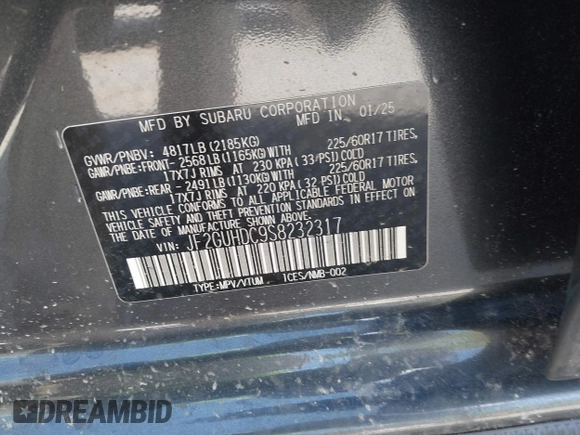 2025 Subaru Crosstrek Premium с VIN JF2GUHDC9S8232317, выставлен на аукционе IAAI как лот 42170113 с пробегом 1 242 миль миль и . История ставок и продаж доступна на DreamBid. Изображение 9.
