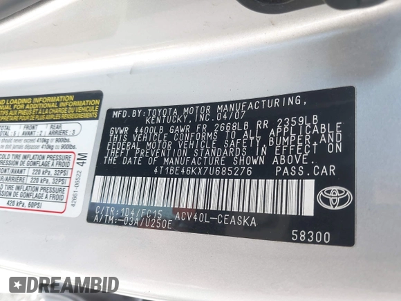 2007 Toyota Camry CE with VIN 4T1BE46KX7U685276, listed as a IAAI auction lot 41327368 with 159,700 mi miles and . Bid and sale history available at DreamBid. Image 9.