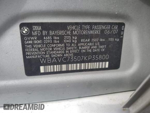 2007 BMW 3 Series 328xi with VIN WBAVC73507KP35800, listed as a Copart auction lot 55246175 with 158,247 mi miles and Clean title. Bid and sale history available at DreamBid. Image 12.