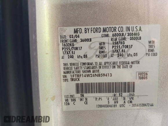 2004 Ford F-150 XL with VIN 1FTRF14W24NB59413, listed as a IAAI auction lot 42106493 with 142,791 mi miles and . Bid and sale history available at DreamBid. Image 9.