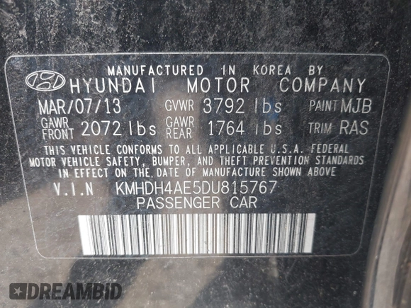 2013 Hyundai Elantra GLS z VIN KMHDH4AE5DU815767, wystawiony jako IAAI lot #42249832 z przebiegiem 188 000 mil mil oraz . Historia ofert i sprzedaży dostępna na DreamBid. Obrazek 9.