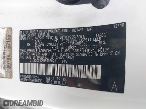 2011 Toyota Sienna LE AAS with VIN 5TDKK3DC8BS106821, listed as a IAAI auction lot 41508841 with 236,368 mi miles and . Bid and sale history available at DreamBid. Image 9.