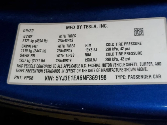 2022 Tesla Model 3 with VIN 5YJ3E1EA6NF369198, listed as a Copart auction lot 55362895 with 85,860 mi miles and Clean Title. Bid and sale history available at DreamBid. Image 12.