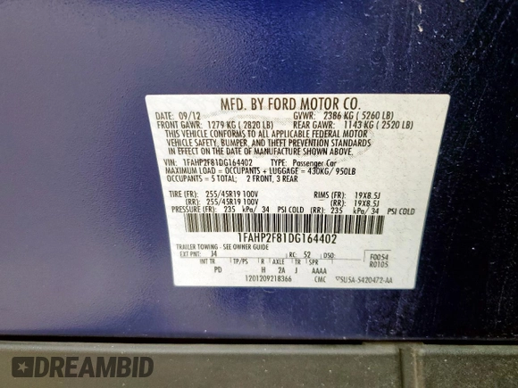 2013 Ford Taurus Limited с VIN 1FAHP2F81DG164402, выставлен на аукционе Copart как лот 47127685 с пробегом 63 873 миль миль и Списание • Salvage title. История ставок и продаж доступна на DreamBid. Изображение 12.