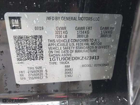 2019 GMC Sierra 1500 SLT with VIN 1GTU9DED0KZ423413, listed as a IAAI auction lot 41126279 with 98,781 mi miles. Bid and sale history available at carsss.com. Image 9.