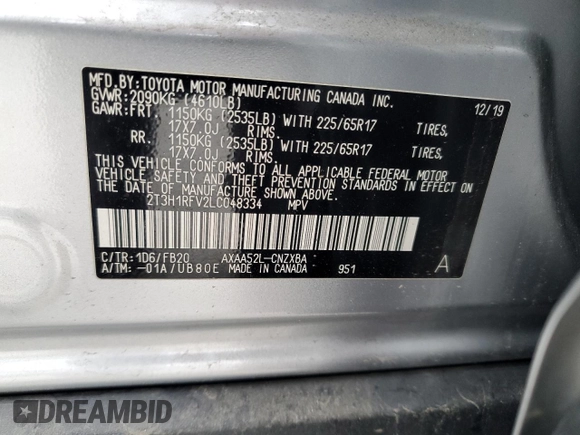 2020 Toyota RAV4 LE with VIN 2T3H1RFV2LC048334, listed as a Copart auction lot 53300165 with 85,473 mi miles and Salvage Title. Bid and sale history available at DreamBid. Image 13.