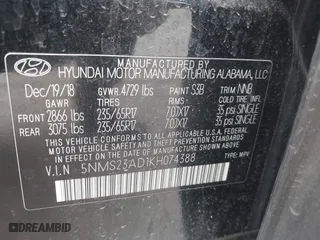 2019 Hyundai Santa Fe SE with VIN 5NMS23AD1KH074388, listed as a IAAI auction lot 41539007 with 123,570 mi miles. Bid and sale history available at carsss.com. Image 9.