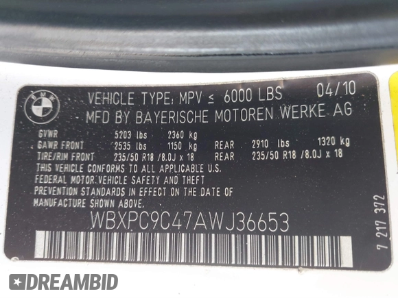2010 BMW X3 xDrive30i with VIN WBXPC9C47AWJ36653, listed as a IAAI auction lot 41620909 with 126,642 mi miles. Bid and sale history available at carsss.com. Image 9.