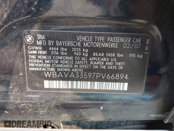 2007 BMW 3 Series 328i with VIN WBAVA33597PV66894, listed as a IAAI auction lot 42407280 with 160,527 mi miles and . Bid and sale history available at DreamBid. Image 9.