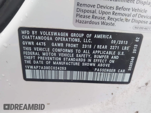 2014 Volkswagen Passat S z VIN 1VWAP7A39EC024253, wystawiony jako IAAI lot #42400664 z przebiegiem 151 628 mil mil oraz . Historia ofert i sprzedaży dostępna na DreamBid. Obrazek 9.